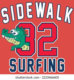 Illustration lizard with college design, text Side Walk Surfing, and number 32, Varsity style.