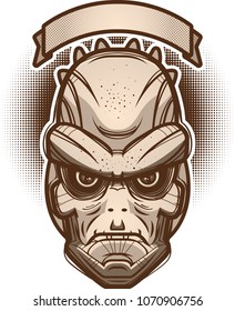 An illustration of a lizard man with banner.