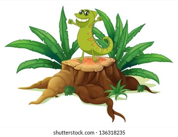 Illustration of a lizard standing above the wood on  a white background