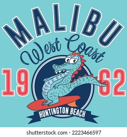Illustration lizard surfboard with college design, text Malibu West Coast, Huntington Varsity style.
