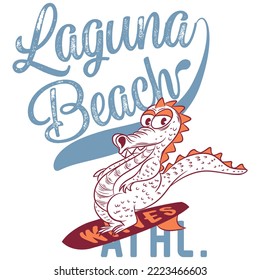 Illustration lizard surfboard with college design, text Laguna Beach, Varsity style.