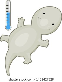 Ilustración de un lagarto y un termómetro con líquido azul como animal sangrado frío