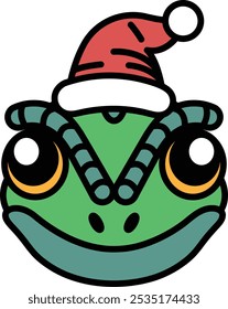 Illustration of a lizard wearing a Santa hat in line art style