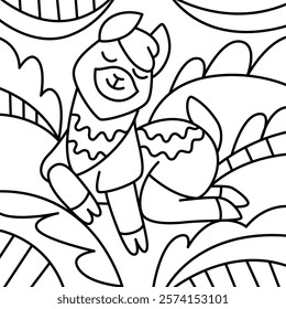 Illustration of llama alpaca in line style, suitable for coloring book.