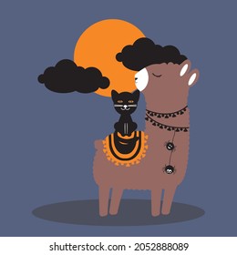 Illustration of a llama with a black cat on Halloween night.