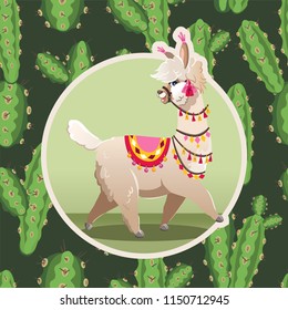 Illustration with llama and cactus plants. Vector seamless pattern on botanical background. Greeting card with Alpaca.