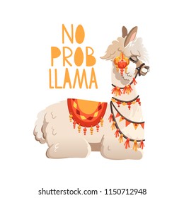 Illustration with llama and cactus plants. Vector seamless pattern on white background. Greeting card with Alpaca.
