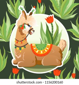 Illustration with llama and cactus plants. Vector seamless pattern on botanical background. Greeting card with Alpaca.