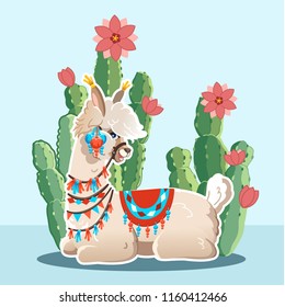 Illustration with llama and cactus plants. Vector seamless pattern on blue background. Greeting card with Alpaca.