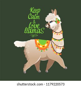 Illustration with llama and cactus plants. Vector seamless pattern on green background. Greeting card with Alpaca.