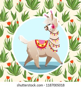 Illustration with llama and cactus plants. Vector seamless pattern on botanical background. Greeting card with Alpaca.