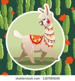 Illustration with llama and cactus plants. Vector seamless pattern on botanical background. Greeting card with Alpaca.