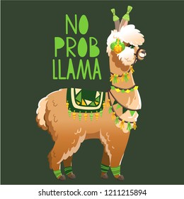 Illustration with llama and cactus plants. Vector seamless pattern on green background. Greeting card with Alpaca.