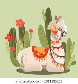 Illustration with llama and cactus plants. Vector animal green background. Greeting card with Alpaca.