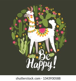 Illustration with llama and cactus plants. Vector seamless pattern on botanical background. Greeting card with Alpaca. Round composition on black.