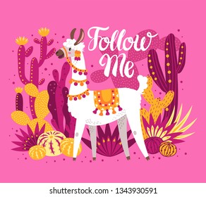 Illustration with llama and cactus plants. Vector pattern on botanical background. Greeting card with Alpaca. Composition on pink.
