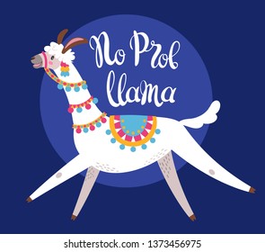 Illustration with llama and cactus plants. Vector seamless pattern on botanical background. Greeting card with Alpaca. Round composition on dark blue.
