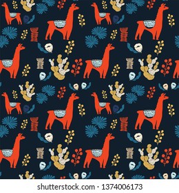 Illustration with llama and cactus plants. Vector seamless pattern on botanical background. Greeting card with Alpaca. Seamless pattern