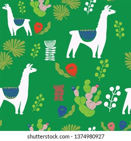 Illustration with llama and cactus plants. Vector seamless pattern on botanical background. Greeting card with Alpaca. Seamless pattern