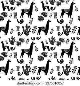 Illustration with llama and cactus plants. Vector seamless pattern on botanical background. Greeting card with Alpaca. Seamless pattern