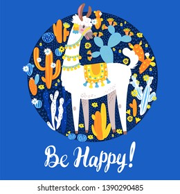Illustration with llama and cactus plants. Vector seamless pattern on botanical background. Greeting card with Alpaca. Round composition on blue.