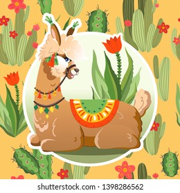 Illustration with llama and cactus plants. Vector seamless pattern on botanical background. Greeting card with Alpaca.