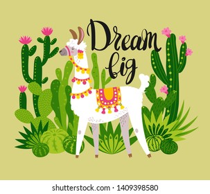 Illustration with llama and cactus plants. Vector pattern on botanical background. Greeting card with Alpaca. Composition on green.