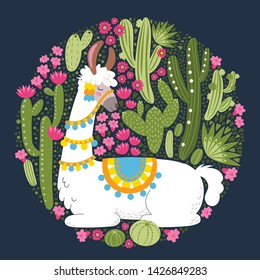 Illustration with llama and cactus plants. Vector seamless pattern on botanical background. Greeting card with Alpaca. Round composition on dark blue.
