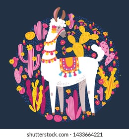 Illustration with llama and cactus plants. Vector seamless pattern on botanical background. Greeting card with Alpaca. Round composition on dark blue.