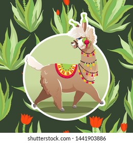 Illustration with llama and cactus plants. Vector seamless pattern on botanical background. Greeting card with Alpaca.