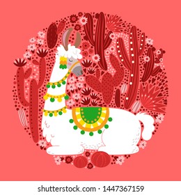 Illustration with llama and cactus plants. Vector seamless pattern on botanical background. Greeting card with Alpaca. Round composition on red.