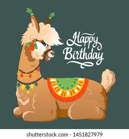 Illustration with llama and cactus plants. Vector seamless pattern on green background. Greeting card with Alpaca.