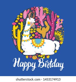 Illustration with llama and cactus plants. Vector seamless pattern on botanical background. Greeting card with Alpaca. Round composition on blue.