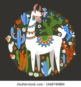 Illustration with llama and cactus plants. Vector seamless pattern on botanical background. Greeting card with Alpaca. Round composition on black.
