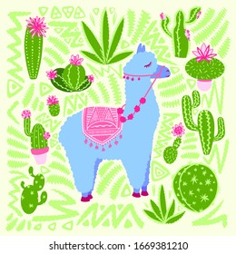 illustration of a llama , cactus, vector graphics