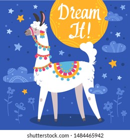 Illustration with llama, composition on blue. Vector doodle elements. Greeting card with Alpaca. Birds, clouds and flowers. Dream it.