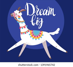 Illustration with llama, composition on bluevector doodle elements. Greeting card with Alpaca. Dream big.