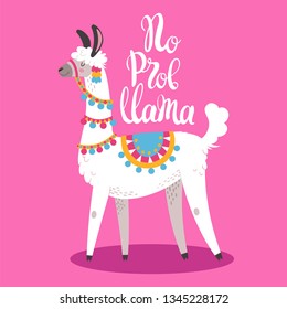 Illustration with llama, composition on pink. Vector doodle elements. Greeting card with Alpaca. No prob lama.