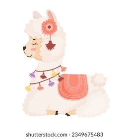 Illustration eines Lamas auf weißem Hintergrund. Rutsche Kinderfigur in einem Kostüm. Tierdruck für Kinderwaren, Spielzeug, Kleidung.