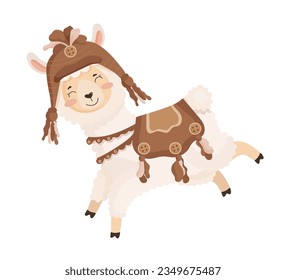 Illustration eines Lamas auf weißem Hintergrund. Rutsche Kinderfigur in einem Kostüm. Tierdruck für Kinderwaren, Spielzeug, Kleidung.