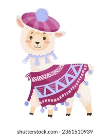 Illustration eines Lamas auf weißem Hintergrund. Rutsche Kinderfigur in einem Kostüm. Tierdruck für Kinderwaren, Spielzeug, Kleidung.