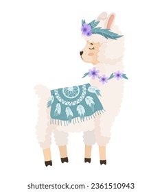 Illustration eines Lamas auf weißem Hintergrund. Rutsche Kinderfigur in einem Kostüm. Tierdruck für Kinderwaren, Spielzeug, Kleidung.