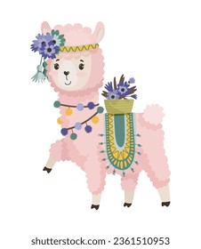 Illustration of a llama on a white background. Cute children's character in a costume. Animal print for children's goods, toys, clothes.