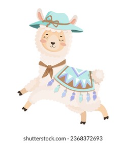 Illustration of a llama on a white background. Cute children's character in a costume. Animal print for children's goods, toys, clothes.