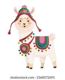 Illustration of a llama on a white background. Cute children's character in a costume. Animal print for children's goods, toys, clothes.
