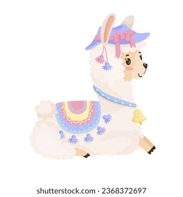 Illustration eines Lamas auf weißem Hintergrund. Rutsche Kinderfigur in einem Kostüm. Tierdruck für Kinderwaren, Spielzeug, Kleidung.