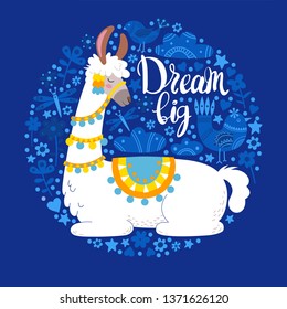 Illustration with llama, Round composition on blue. Vector doodle elements. Greeting card with Alpaca. Birds, clouds and flowers. Dream big.