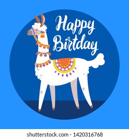 Illustration with llama, Round composition on blue. Vector doodle elements. Greeting card with Alpaca. Happy birthday.