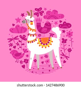 Illustration with llama, Round composition on pink vector doodle elements. Greeting card with Alpaca.
