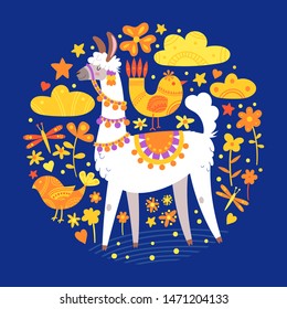 Illustration with llama, Round composition on blue. Vector doodle elements. Greeting card with Alpaca. Birds, clouds and flowers.
